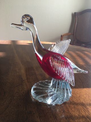 Murano Hand Blown Art Glass Duck Swan Goose Bird Figurine Red And Clear Italy
