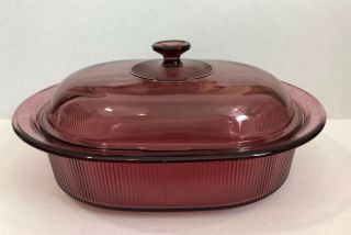 Pyrex Visions Cranberry 4 Quart Ribbed Oval Casserole Roaster With Lid Corning