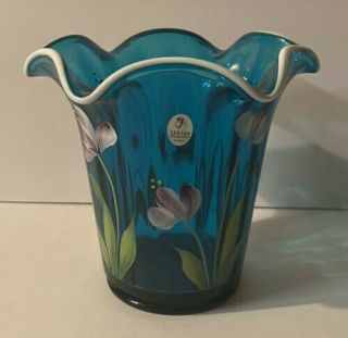 Fenton Art Glass Hand Painted Large Table Vase Heirloom Optics 2003 Blue Tulips
