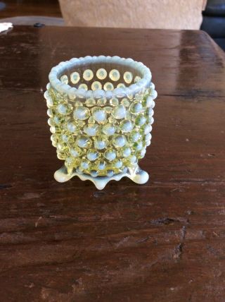 Fenton Glass Topaz Opalescent Yellow Vaseline Hobnail 3 Footed Toothpick Holder