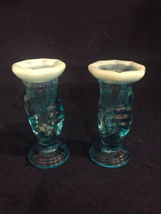 Set Of 2 Vintage Fenton Opalescent Vaseline Blue Vases Liberty Hand Torch 3 1/2 "