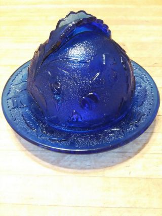 Vintage Cobalt Blue Round Butter Dish W/ Dome Lid Floral & Leaf Pattern