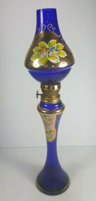 Slim Ornamental Vintage Bristol Blue Glass Gilded Oil Lamp - 13 " Tall