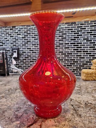 Vintage Large Italian Ruby Red Amberina Art Glass Vase With Sticker
