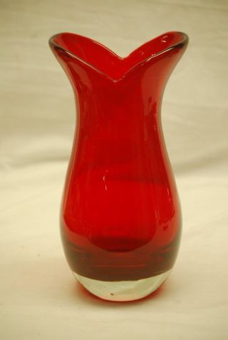 Old Vintage Large Ruby Red Hand Blown Glass Flower Vase W Clear Glass Bottom