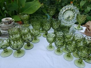 Vintage Indiana Glass,  Green Thumbprint Set Of 8 Goblets