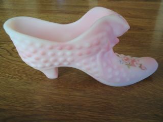Fenton Art Glass Hand Painted By L.  Everson Slipper Shoe Boot Pink Frosted