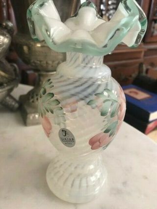 Fenton Hand Painted " Meadow Beauty " On French Opalescent Rib Optic Vase 6.  5 "