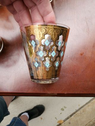 4 Vintage Culver Glass Valencia 22k Gold Green Diamond Whiskey Rocks Glasses