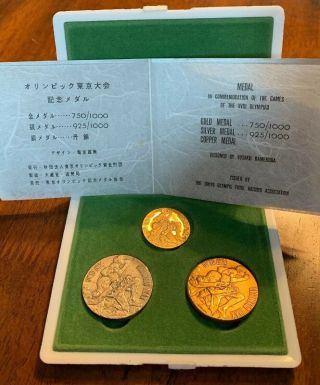1964 Tokyo Olympics Official Three Medal Set W/ 18k Gold (7.  9g),  Silver Bronze