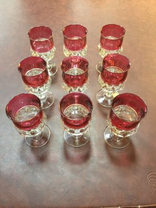 Set 9 Vintage Ruby Red Flash Kings Crown Thumbprint 5 3/4” Goblet Glasses
