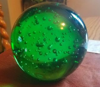 Gorgeous Huge Vintage Emerald Green Murano Art Glass Paperweight W/bubbles
