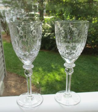 2 Rogaska Gallia Crystal Wine Goblets Etched Floral Glass 7 3/4 "