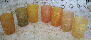 7 Vintage Spaghetti String Drink Juice Glasses Green Orange Yellow Peach Rubbery