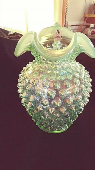 Fenton Hobnail Willow Green Opalescent Ruffled Edge Pitcher