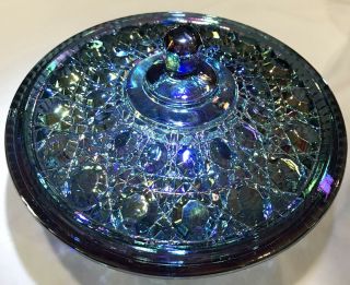 Indiana Carnival Glass Covered Candy Dish Windsor Blue Iridescent 7.  5 X 5 " W/lid