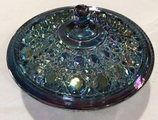 Indiana Carnival Glass Covered Candy Dish Windsor Blue Iridescent 7.  5 x 5 