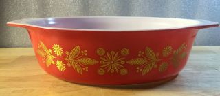 Vintage Pyrex Gold Poinsettia Red Oval Casserole Dish 045 - 2 1/2 Qt - W/o Lid
