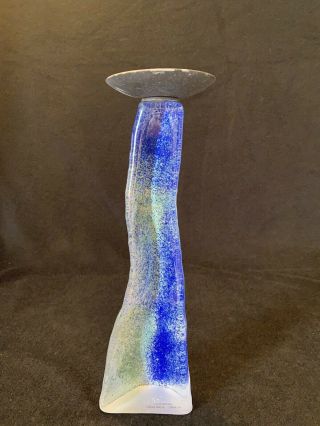 Vintage Cassandre Blue Green Sand Cast Art Glass Candle Holder Made In Canada