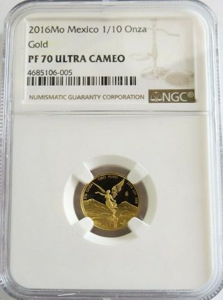 2016 Mo Gold Mexico 1/10 Onza Winged Victory Coin Ngc Proof 70 Ultra Cameo