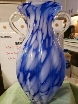 Vtg Mid Century Murano Blue And White 2 Handled Ribbed Glass Vase