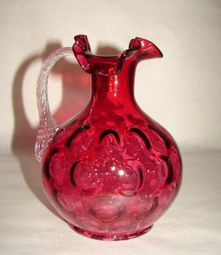 Fenton Art Glass Coin Dot Optic Cranberry Ruby Overlay Pitcher Jug 7 " Marked