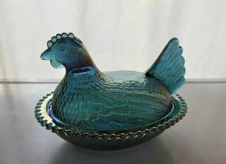 Indiana Glass Iridescent Blue Carnival Hen On Nest Covered Candy Trinket Dish