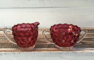 Vintage Fostoria American Cranberry Ruby Red Flash Sugar Bowl & Creamer