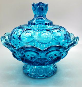 Vintage Blue Moon & Stars Low Footed Compote Bowl With Top Blue