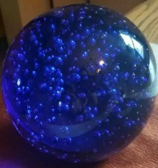 Huge Stunning Vintage Murano Cobalt Blue Controlled Bubble Art Glass Paperweight