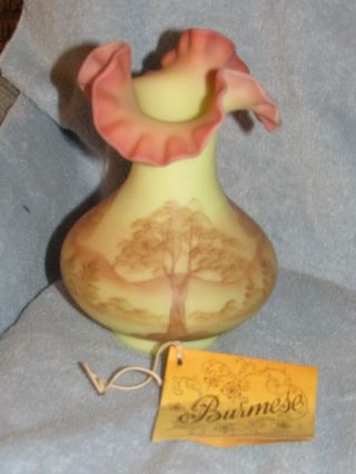 Vintage Fenton Burmese Hand Painted Ruffled Edge,  Signed Vase W Tag - 7 Inches