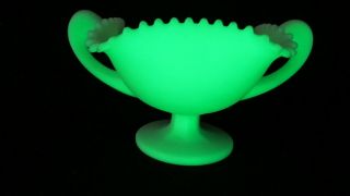 Fenton Lime Green Satin Vaseline/uranium Glass Double Handed Candy Dish Euc