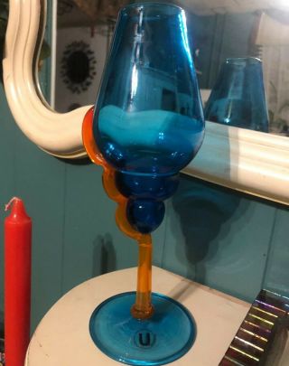Furnace Urbini Glass Hand Blown Studio Art Wine Signed Blue Orange Bright