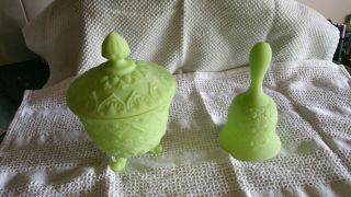 Vintage Fenton Lime Green Custard Covered Candy Dish And Daisy Button Bell