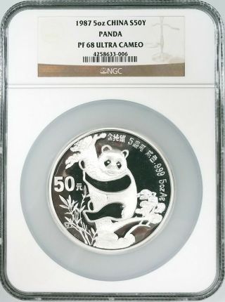 1987 Proof 5 Oz.  China Silver Panda,  50 Yuan,  Graded Pf 68 Ultra Cameo By Ngc