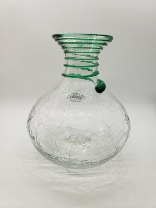 Vintage Blenko Clear Crackle Glass Vase With Applied Green Swirl Roping
