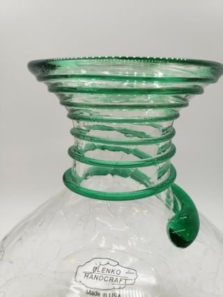 VINTAGE BLENKO CLEAR CRACKLE GLASS VASE WITH APPLIED GREEN SWIRL ROPING 2