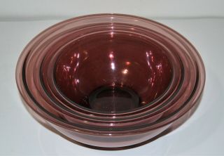 Vtg Pyrex Visions Set Of 3 Amethyst Purple Cranberry Mixing Bowls 323,  325 & 326