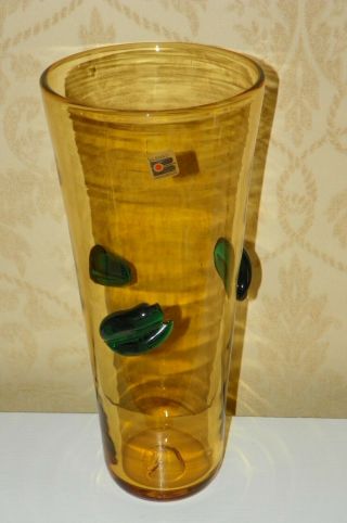 Large 13.  5 " Blenko Amber Hand Blown Glass Vase W/ Applied Green Leaves W/sticker
