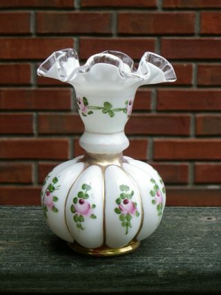 Vtg 6 1/2 " Fenton Silver Crest Melon Vase - Pink Flowers & Green Leaves - Gold Trim