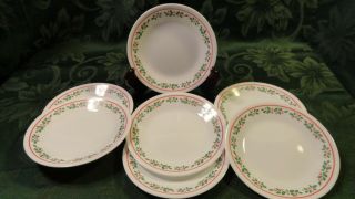Rare 7 Dessert Plates Corelle Christmas Holly & Berries 6 3/4 " With Red Trim