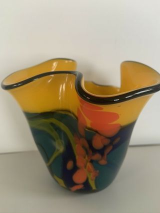 Signed Vintage Murano Style Hand Blown Art Glass Vase Base Handkerchief Ruffle