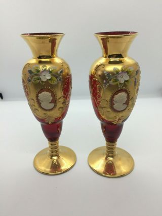 2 X Vintage Cranberry Red & Gold Hand Painted And Enameled Vase With Cameo