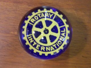 Vintage Hand Blown Art Glass Blue And Gold Rotary Club Emblem Inside The Paper W