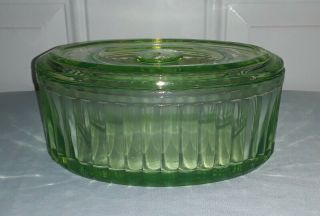 Vintage Green Large Depression Vaseline Uranium Glass Oval Dish With Lid
