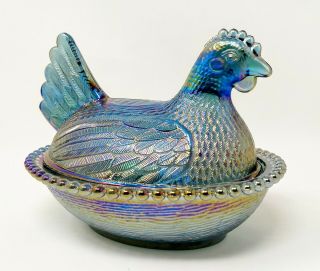 Vintage Westmoreland Iridescent Electric Purple Blue Hen On Nest Carnival Glass