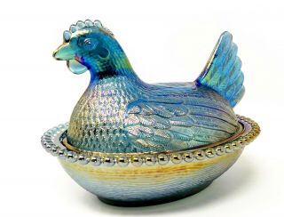 Vintage Westmoreland Iridescent Electric Purple Blue Hen On Nest Carnival Glass 2