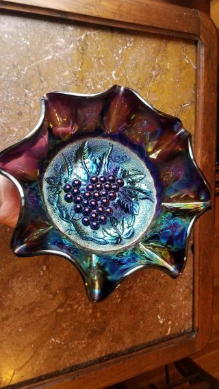 Electric Purple Imperial Carnival Glass Heavy Grape Large Bowl Unsigned & Old