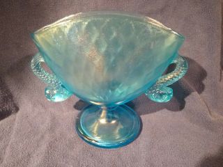 Vintage Fenton Stretch Glass Fan Vase Iridescent Blue With Fish Koi Handles
