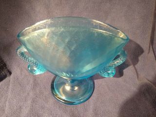 Vintage Fenton Stretch Glass Fan Vase Iridescent Blue With Fish Koi Handles 3